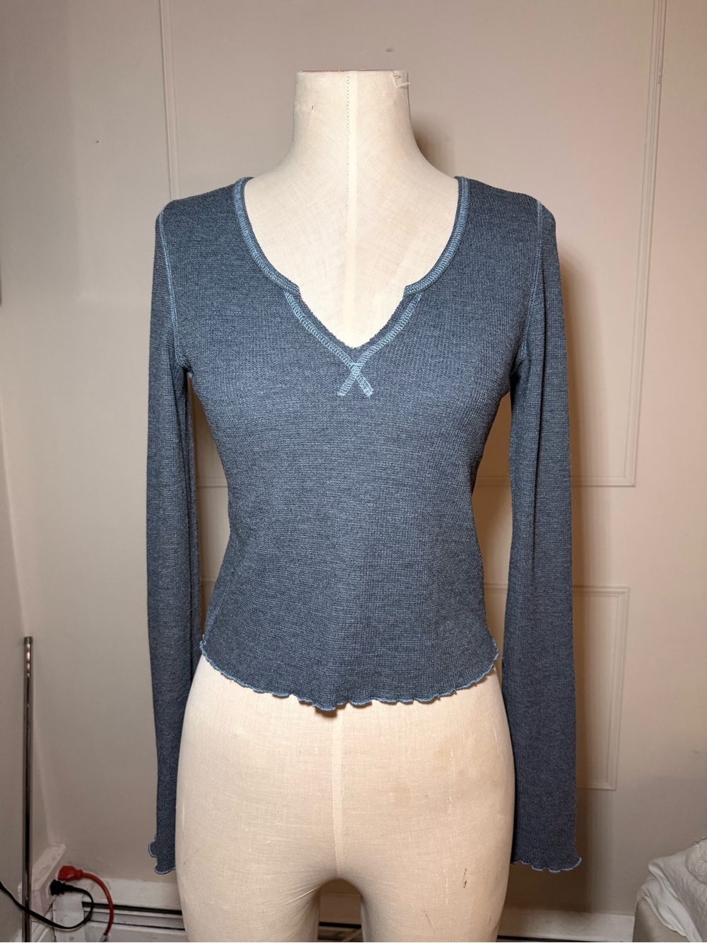 American Eagle Gray Blue Stitch Waffle Knit Long Sleeve Top S